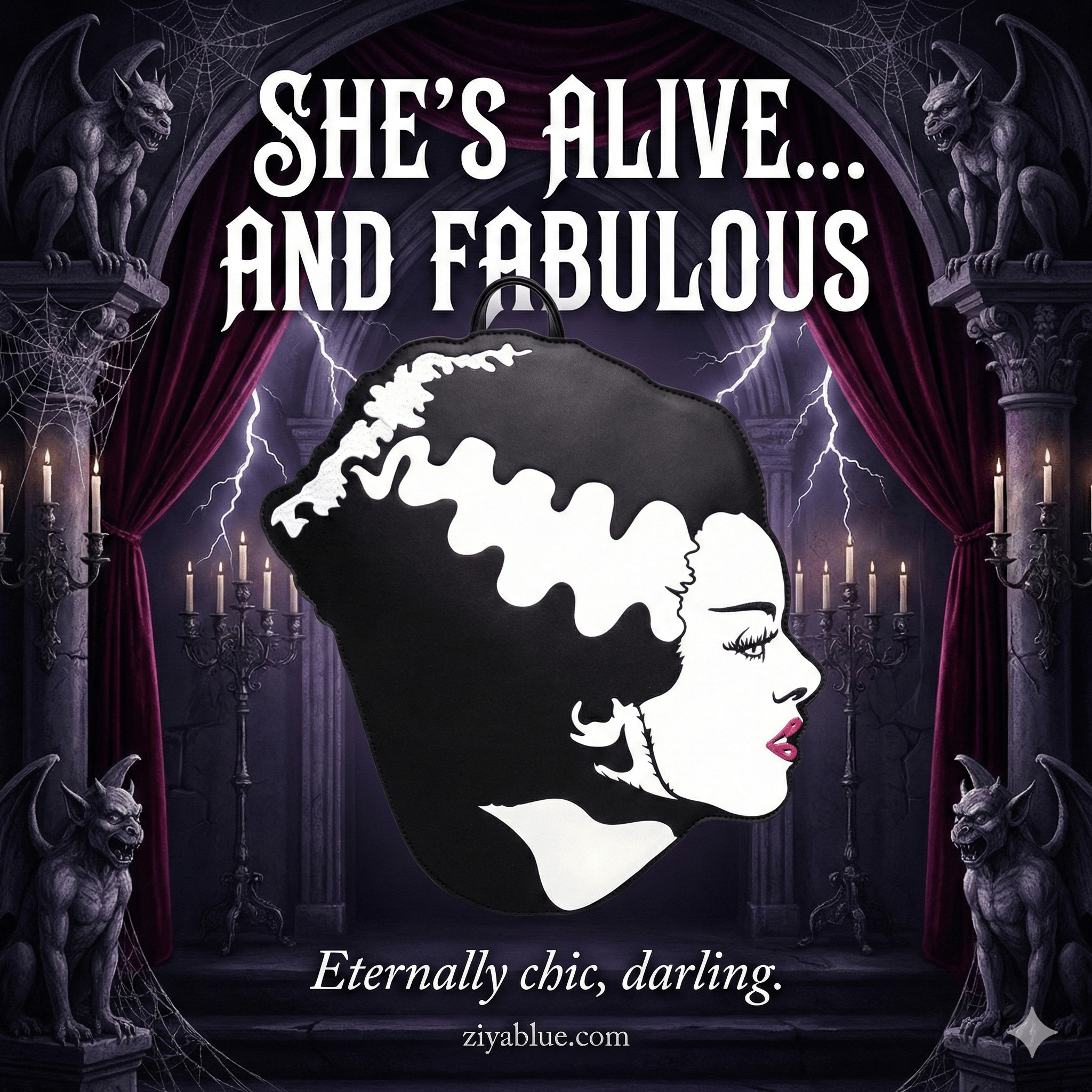 Bride of Frankenstein Head Shaped Backpack - Ziya Blue