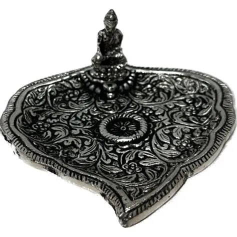 Buddha on Leaf Metal Incense Holder | Intricate Silver-Toned Burner | Zen Altar Decor - Ziya Blue