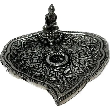 Buddha on Leaf Metal Incense Holder | Intricate Silver-Toned Burner | Zen Altar Decor - Ziya Blue