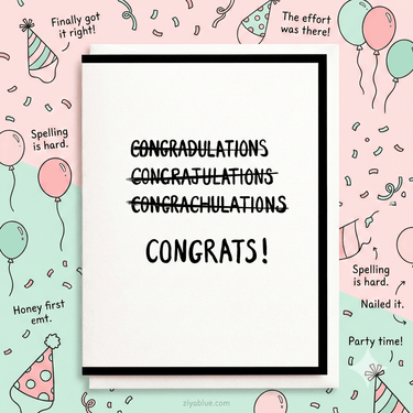 "Can't Spell Congrats" Funny Card | Letterpress Congratulations Pun - Ziya Blue