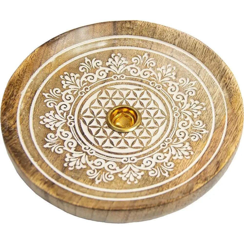 Carved Wood Incense Holder - White Flower Mandala | The "No - Mess" Burner - Ziya Blue