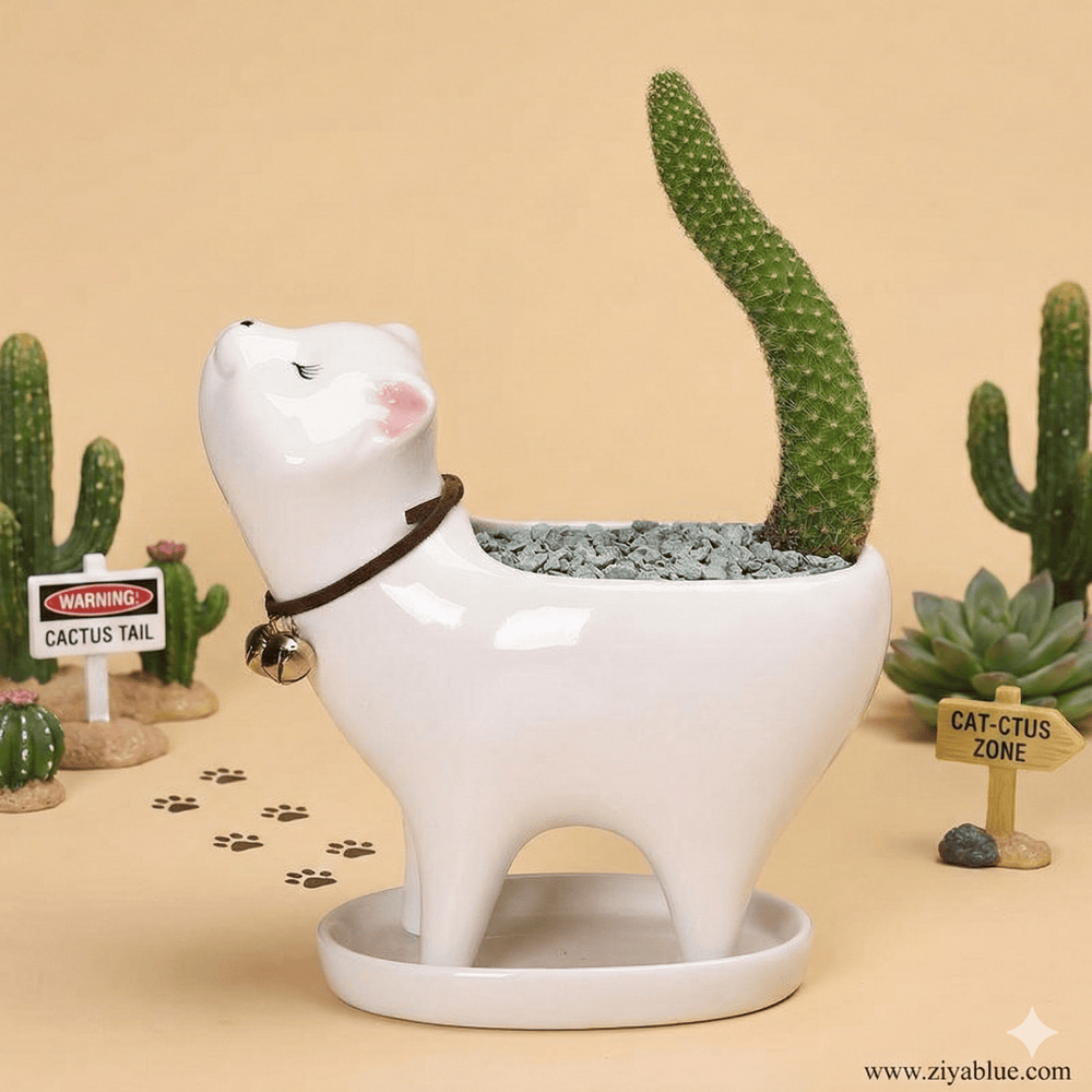 Cat Tail Succulent Cactus Ceramic Flower Pot 🐱 - Ziya Blue