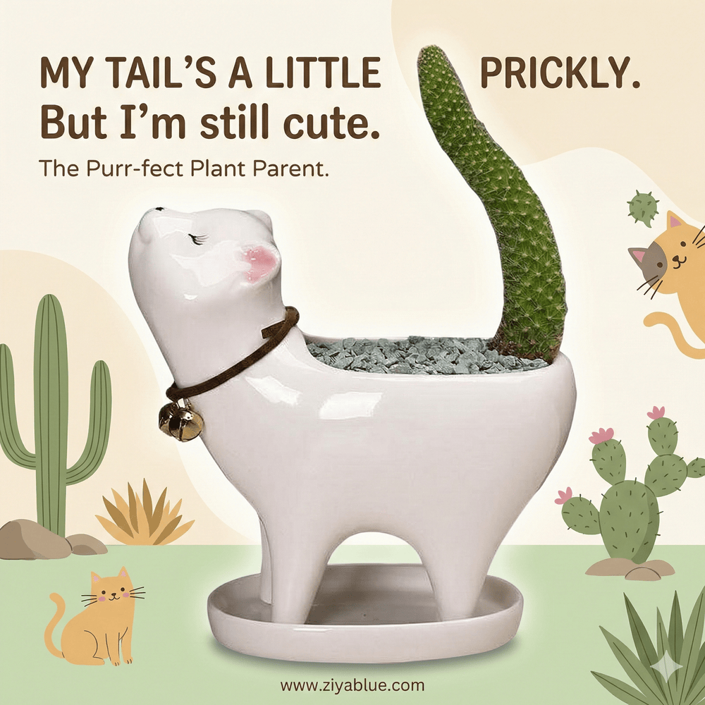 Cat Tail Succulent Cactus Ceramic Flower Pot 🐱 - Ziya Blue