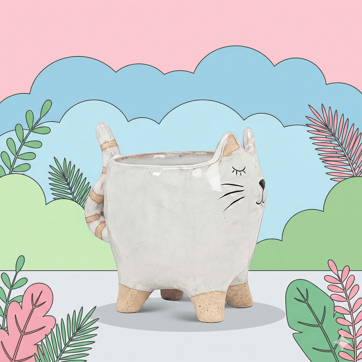 Cat with Tail Planter — Stoneware Cat Succulent Pot (4") - Ziya Blue