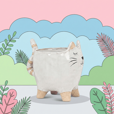 Cat with Tail Planter — Stoneware Cat Succulent Pot (4") - Ziya Blue