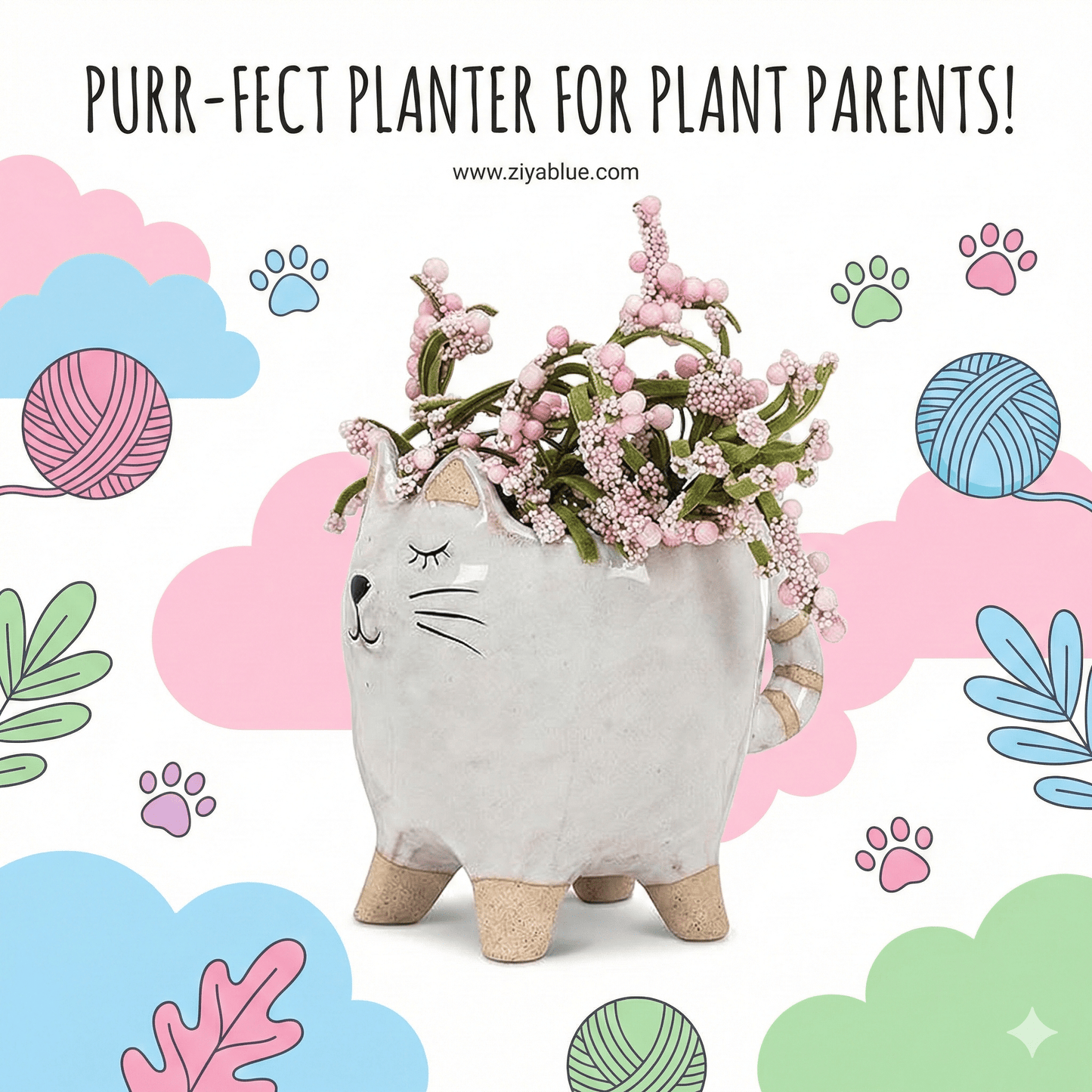 Cat with Tail Planter — Stoneware Cat Succulent Pot (4") - Ziya Blue