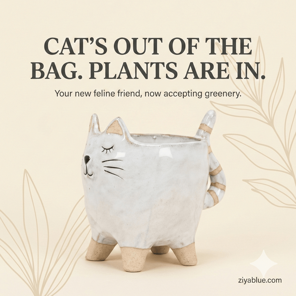 Cat with Tail Planter — Stoneware Cat Succulent Pot (4") - Ziya Blue