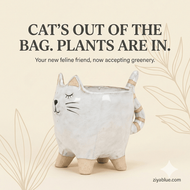Cat with Tail Planter — Stoneware Cat Succulent Pot (4") - Ziya Blue