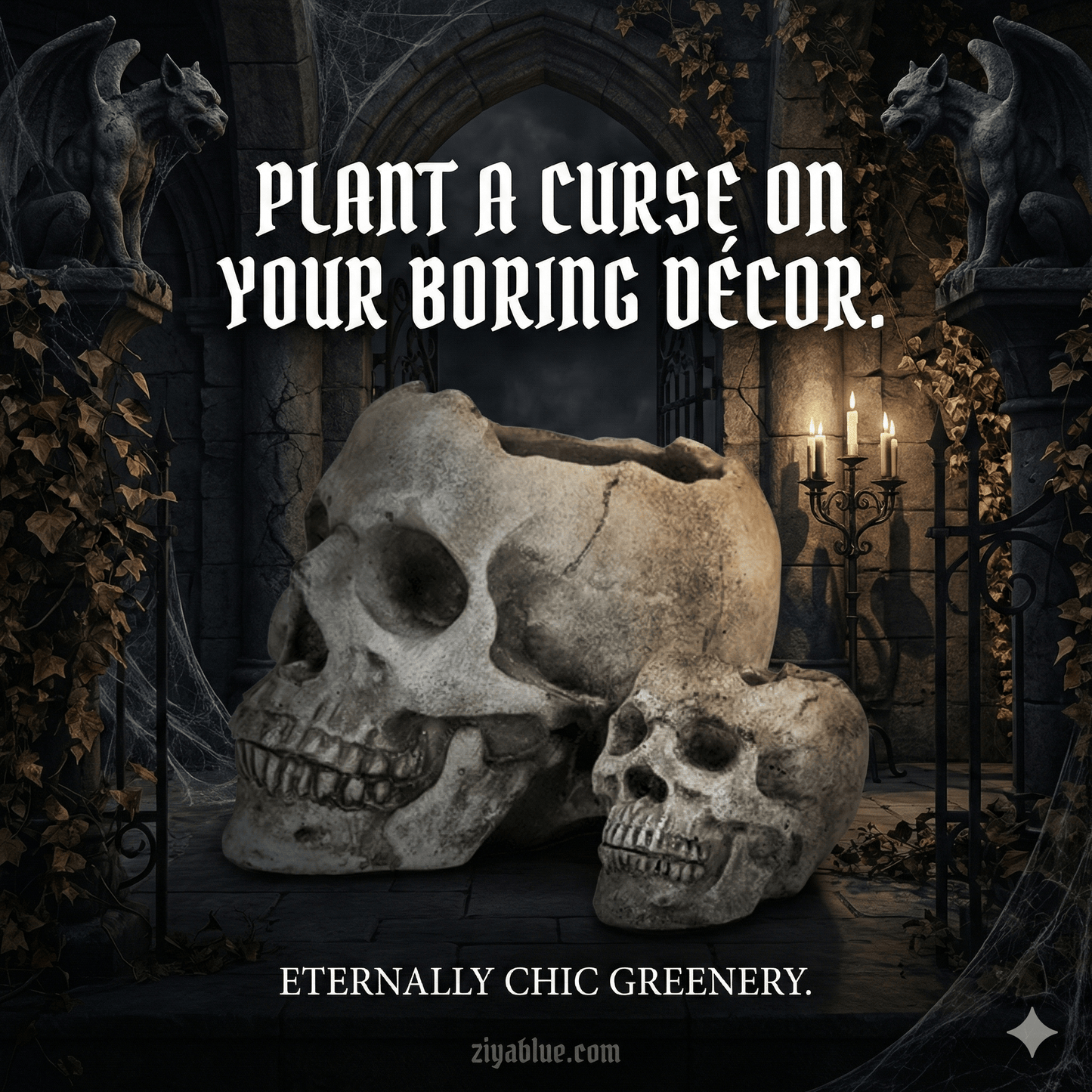 3-inch cement skull planter and tealight holder with gothic design and grey textured finish