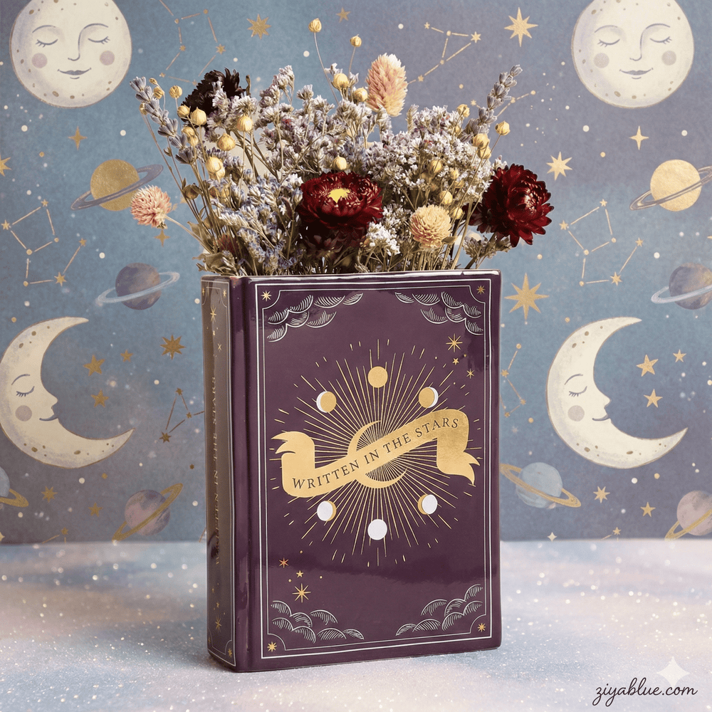 Ceramic Navy Celestial Book Vase — Moon Phase Magic 🌙📖 - Ziya Blue
