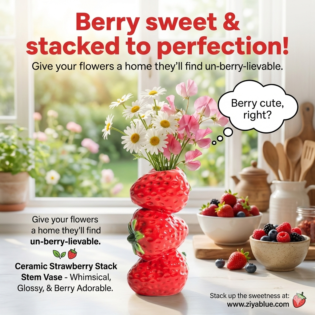 Ceramic Strawberry Stack Stem Vase 🍓 - Ziya Blue