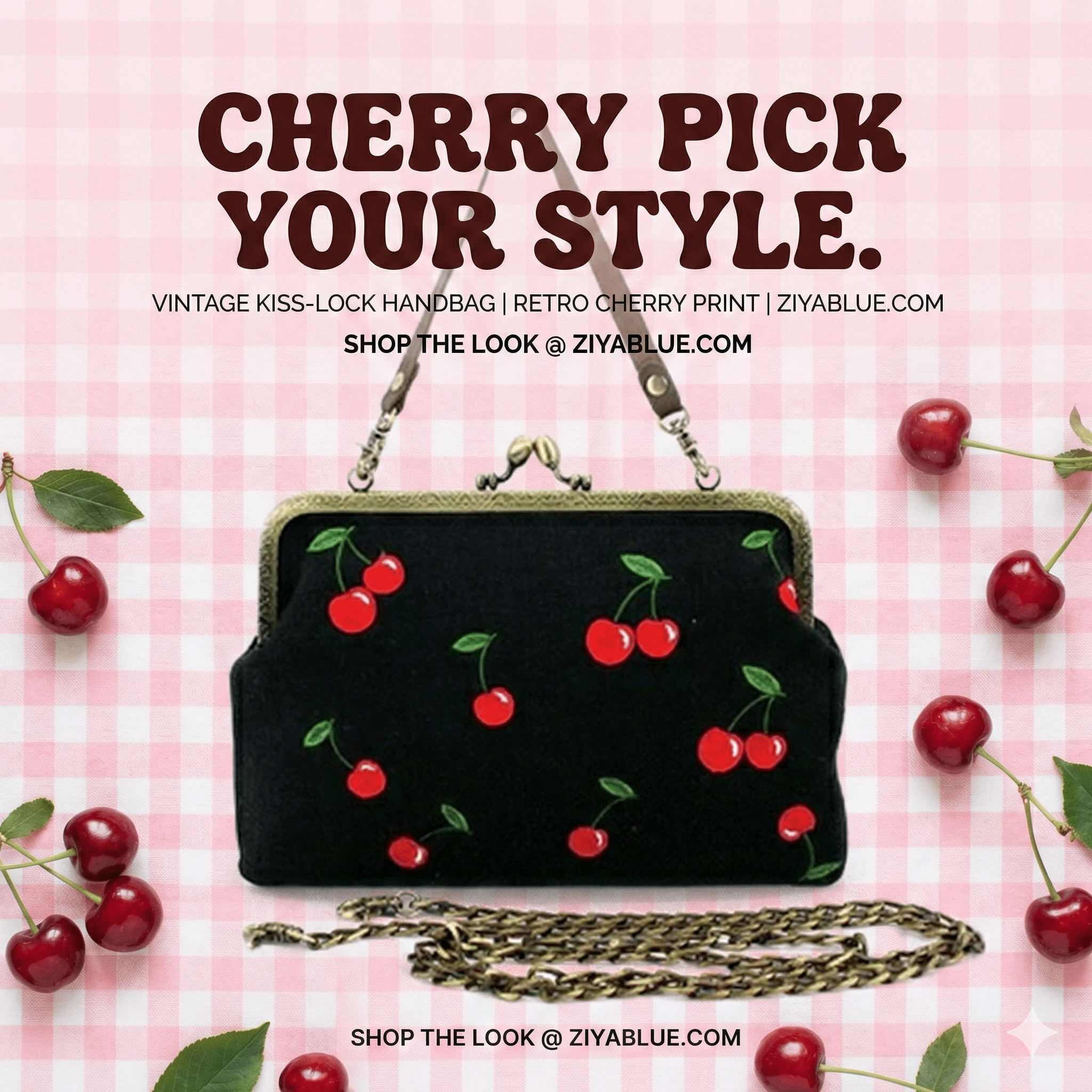 Cherry Kisslock Linen Bag – Vintage Style Retro Cherry Print Handbag with Polka Dot Lining - Ziya Blue