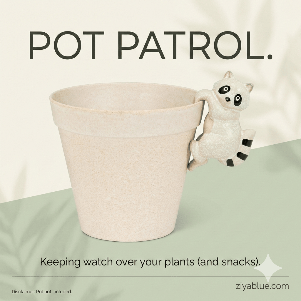 Climbing Raccoon Pot Hanger — Stoneware Raccoon Planter Hook (4") - Ziya Blue