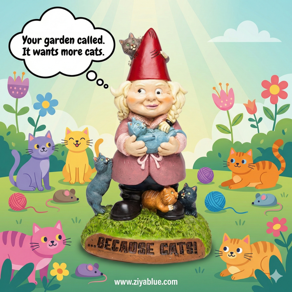 Crazy Cat Lady Lawn Gnome | The Feline Queen of the Garden - Ziya Blue