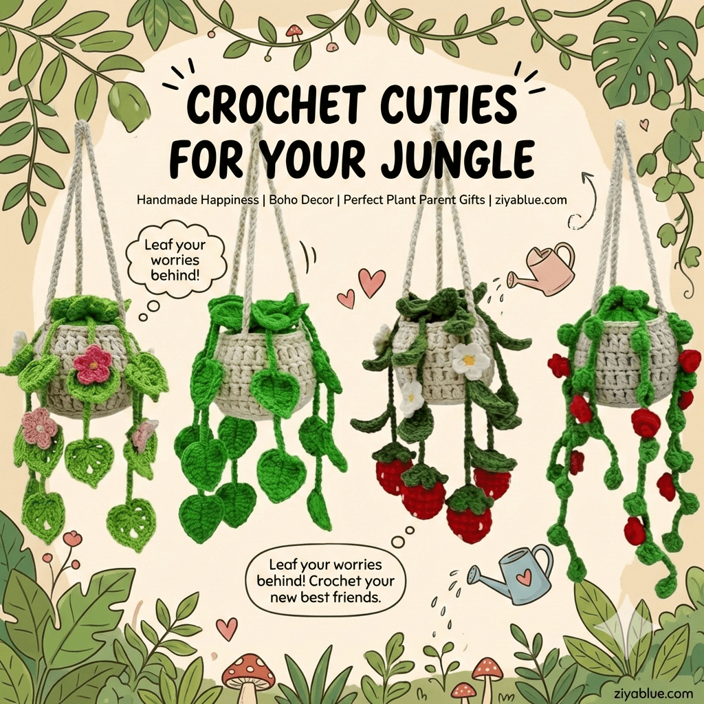 Crochet Hanging Car Plant | Rear View Mirror Charm - Ziya Blue