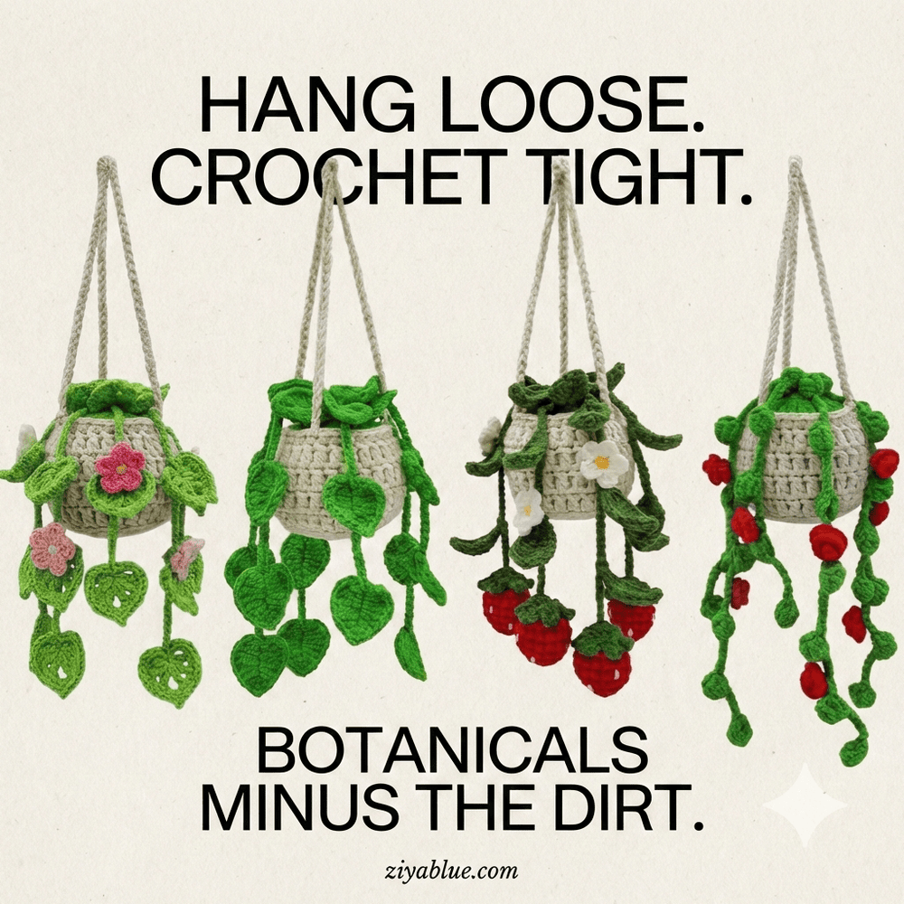 Crochet Hanging Car Plant | Rear View Mirror Charm - Ziya Blue