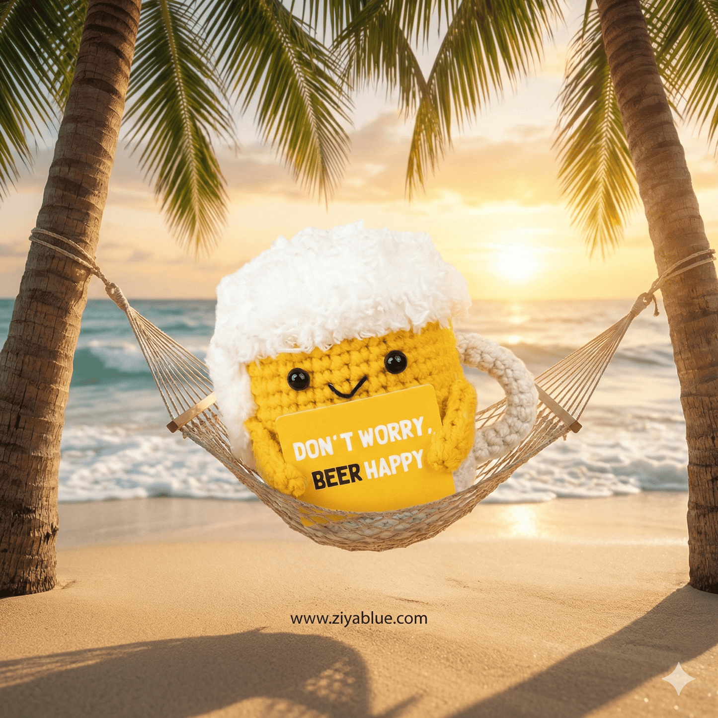 Don't Worry Beer Happy Crochet Beer Mug - Funny Gag Gift Plush - Ziya Blue