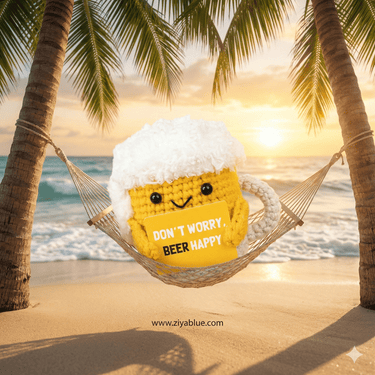Don't Worry Beer Happy Crochet Beer Mug - Funny Gag Gift Plush - Ziya Blue