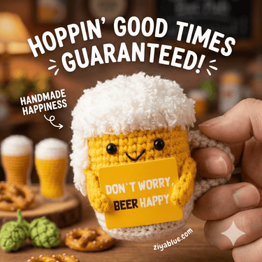 Don't Worry Beer Happy Crochet Beer Mug - Funny Gag Gift Plush - Ziya Blue