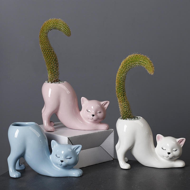 Downward Kitty Planter | Stretching Cat Ceramic Pot (Available in 3 Colors) - Ziya Blue