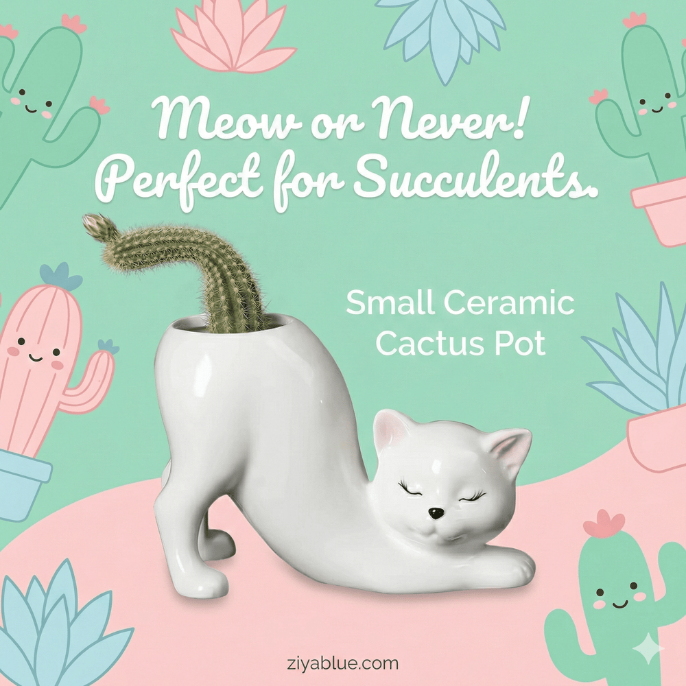 Downward Kitty Planter | Stretching Cat Ceramic Pot (Available in 3 Colors) - Ziya Blue