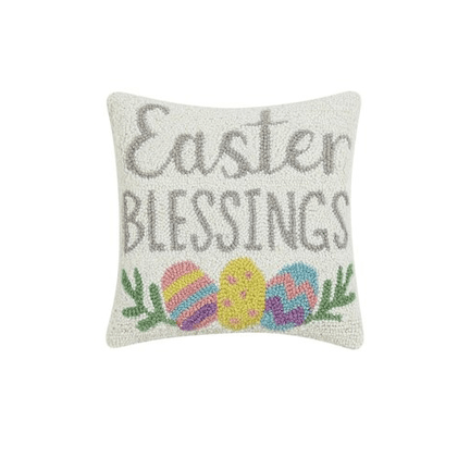 "Easter Blessings" Hooked Wool Accent Pillow | 12" x 12" Spring Decor - Ziya Blue