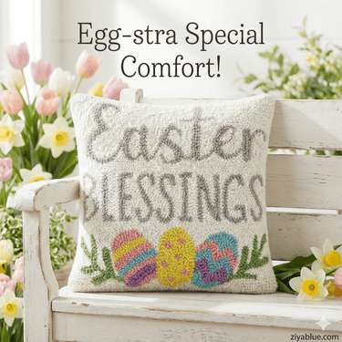 "Easter Blessings" Hooked Wool Accent Pillow | 12" x 12" Spring Decor - Ziya Blue