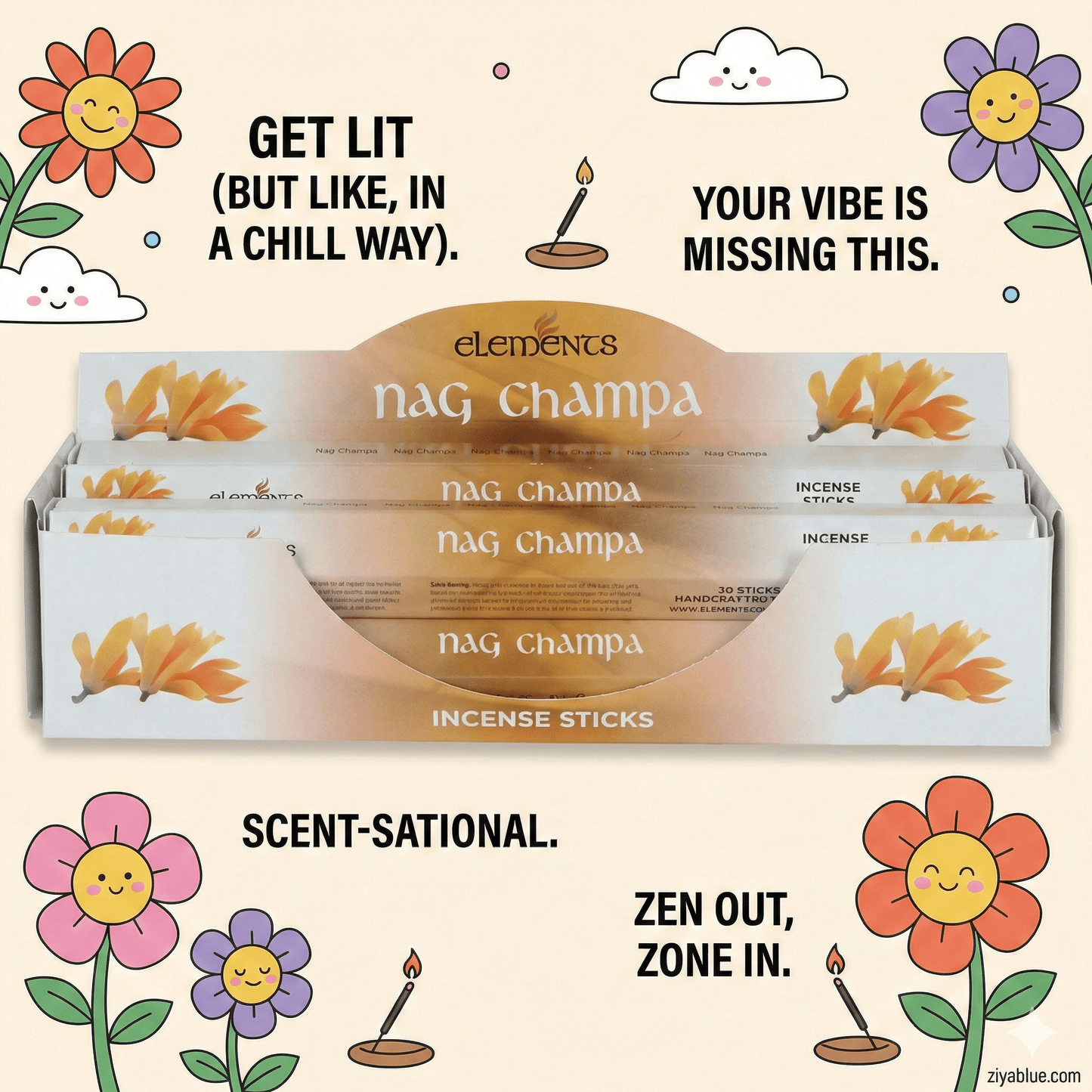 Elements Nag Champa Incense Sticks | The OG Scent of Zen - Ziya Blue