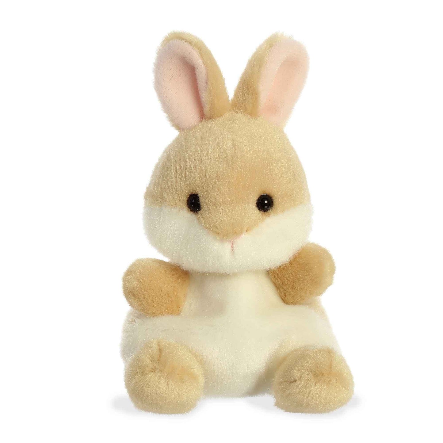 Tan Palm Pals Ella Bunny plush toy sitting in a hand to show 4-inch scale.