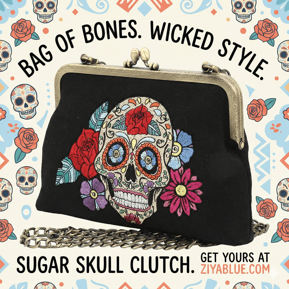 Floral Sugar Skull Kisslock Bag - Ziya Blue