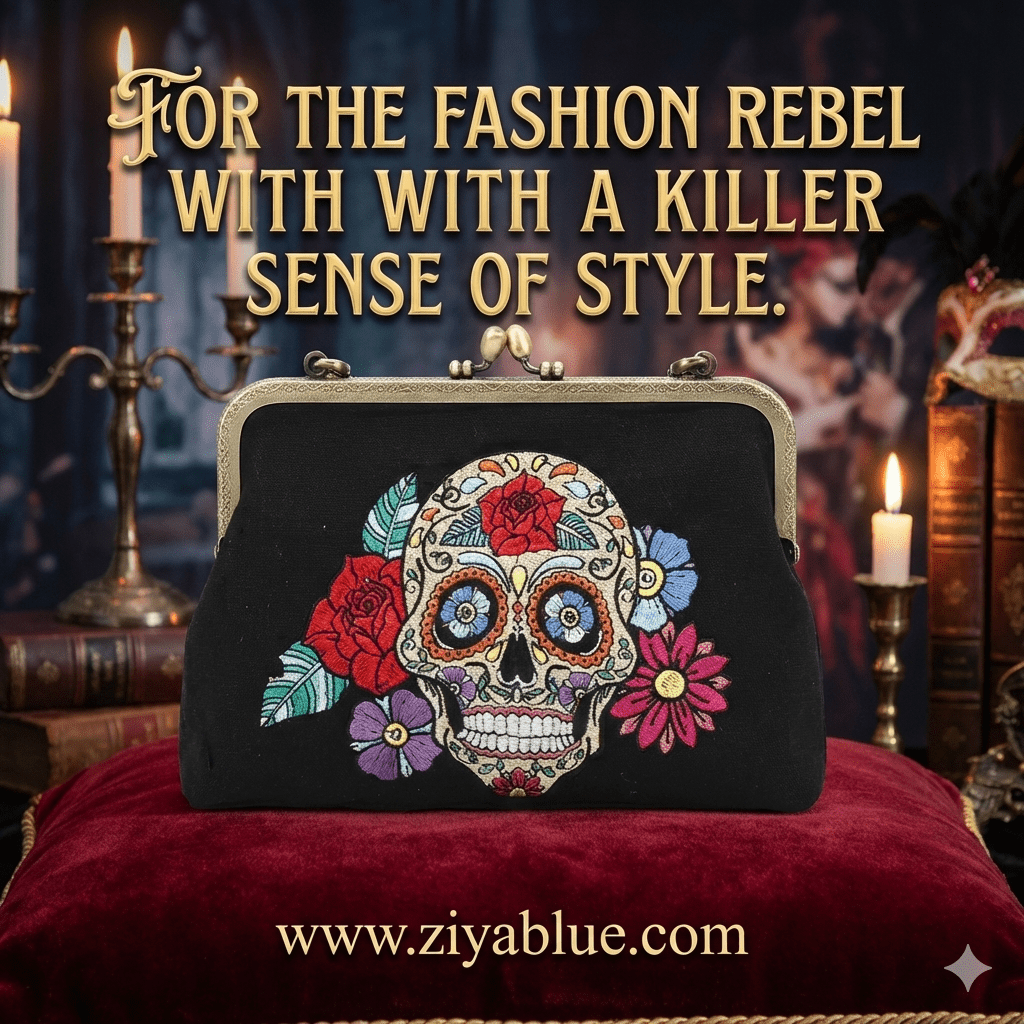 Floral Sugar Skull Kisslock Bag - Ziya Blue