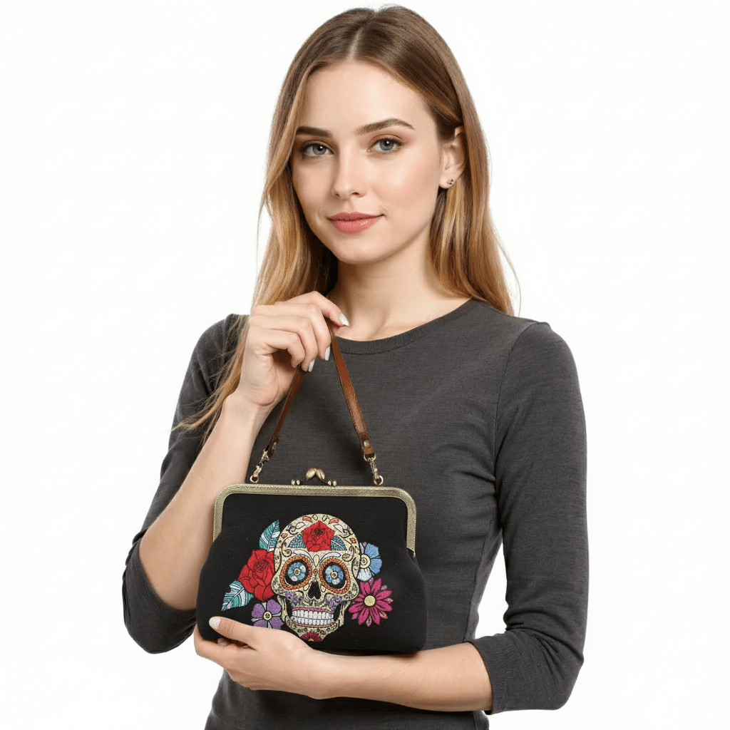 Floral Sugar Skull Kisslock Bag - Ziya Blue