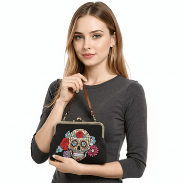 Floral Sugar Skull Kisslock Bag - Ziya Blue