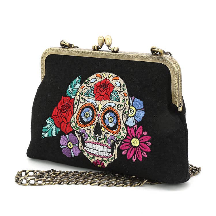 Floral Sugar Skull Kisslock Bag - Ziya Blue