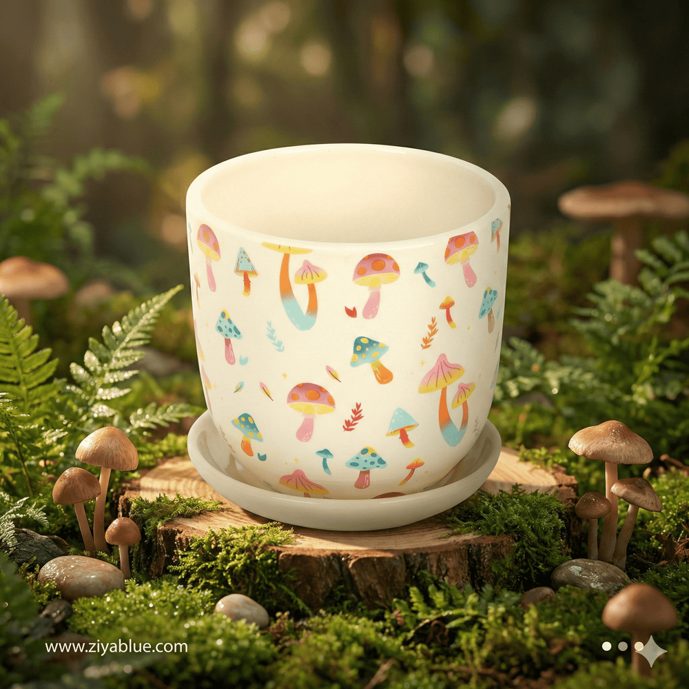 Funky Fungi Mushroom Print Plant Pot with Saucer - Ziya Blue