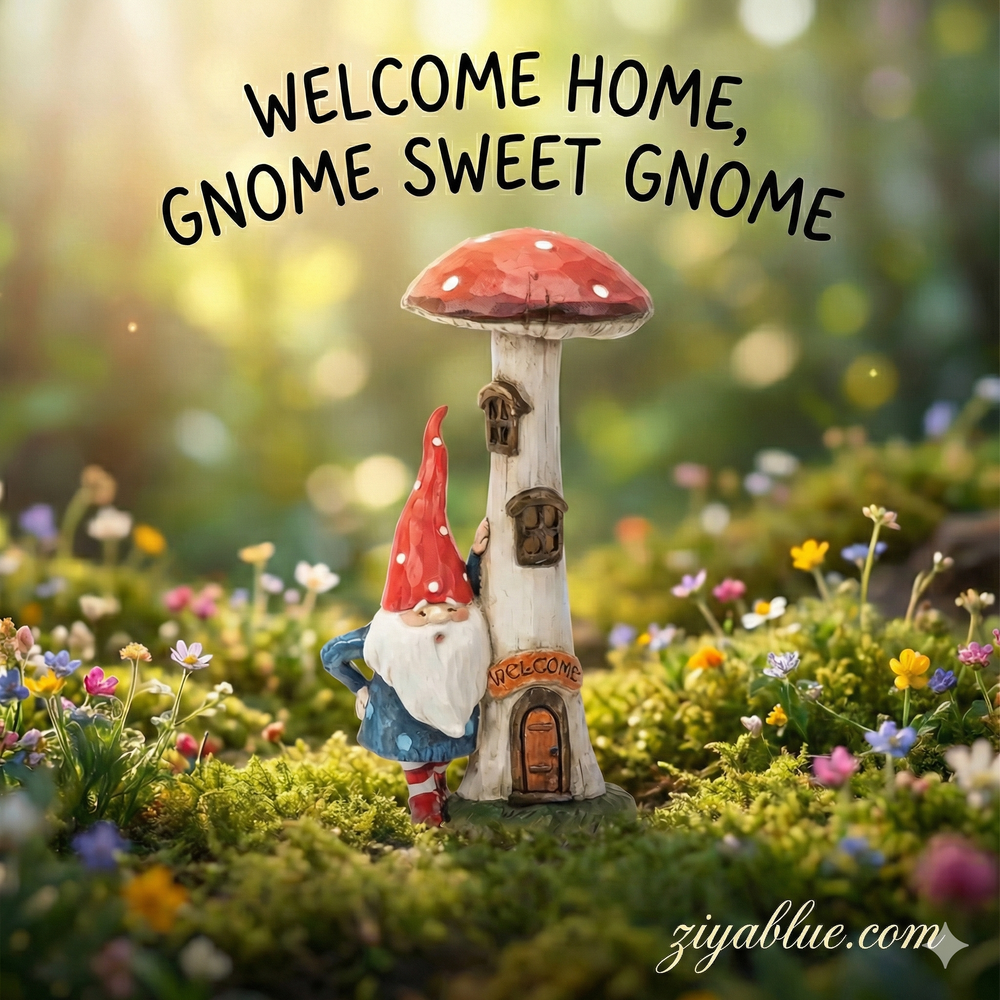 Gnome with LED Mushroom House Statue 🌟🍄 - Ziya Blue