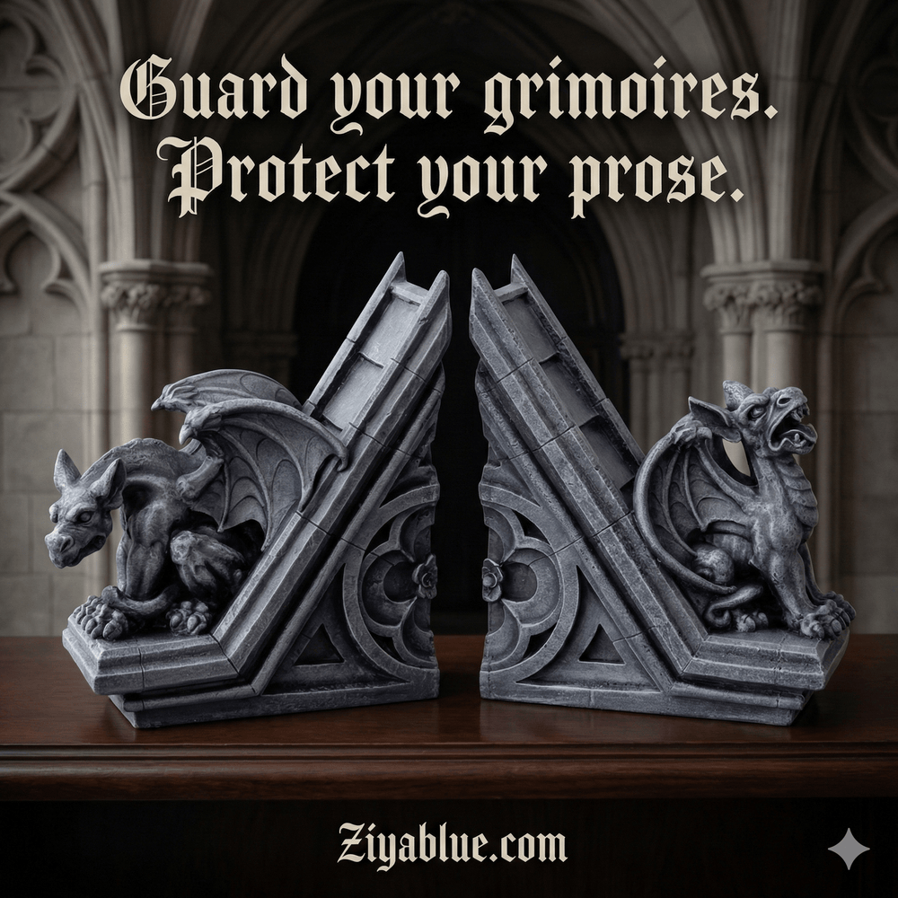Gothic Gargoyle Bookends | Hand - Painted Resin Shelf Decor - Ziya Blue