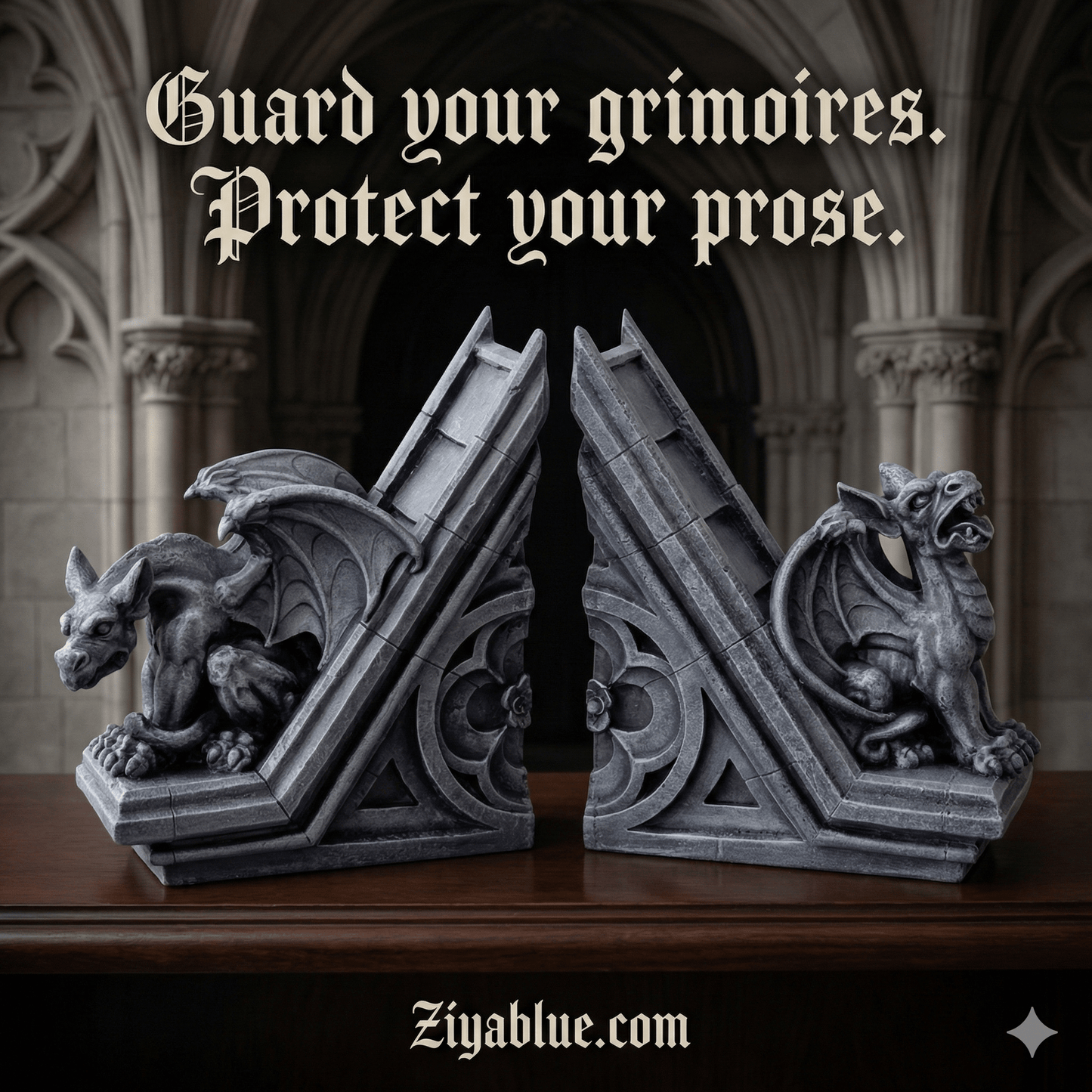 Gothic Gargoyle Bookends | Hand - Painted Resin Shelf Decor - Ziya Blue
