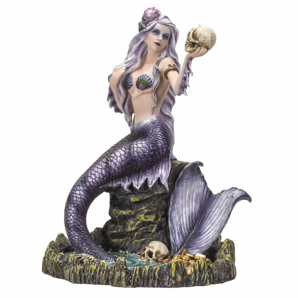 Gothic Mermaid Statue – Dark Siren with Skull & Treasure (11") - Ziya Blue