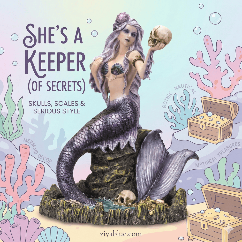 Gothic Mermaid Statue – Dark Siren with Skull & Treasure (11") - Ziya Blue