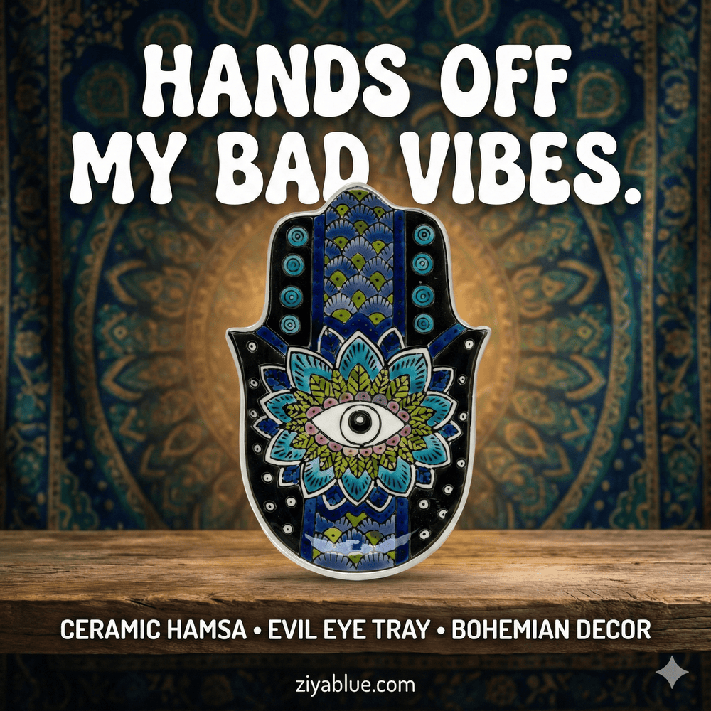 Hamsa Hand Ceramic Incense Holder – Evil Eye Trinket Dish (5.5") - Ziya Blue