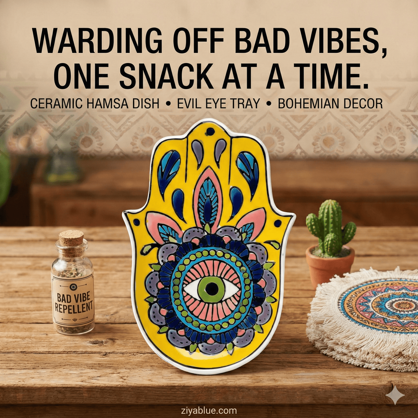 Hamsa Hand Ceramic Incense Holder – Evil Eye Trinket Dish (5.5") - Ziya Blue