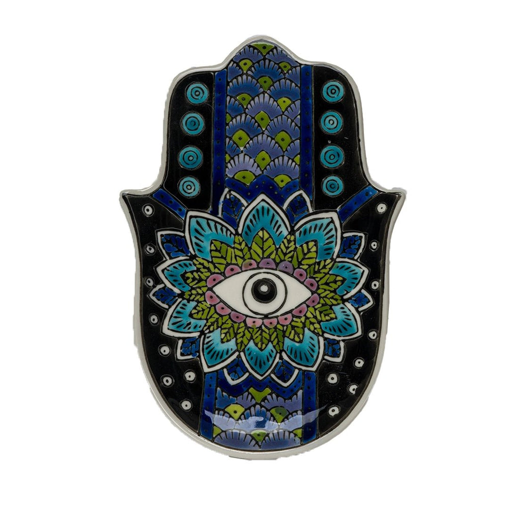 Hamsa Hand Ceramic Incense Holder – Evil Eye Trinket Dish (5.5") - Ziya Blue