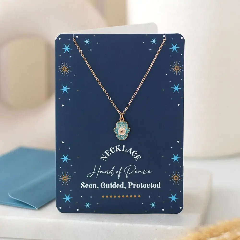 Hand of Hamsa Necklace On Greeting Card - Ziya Blue