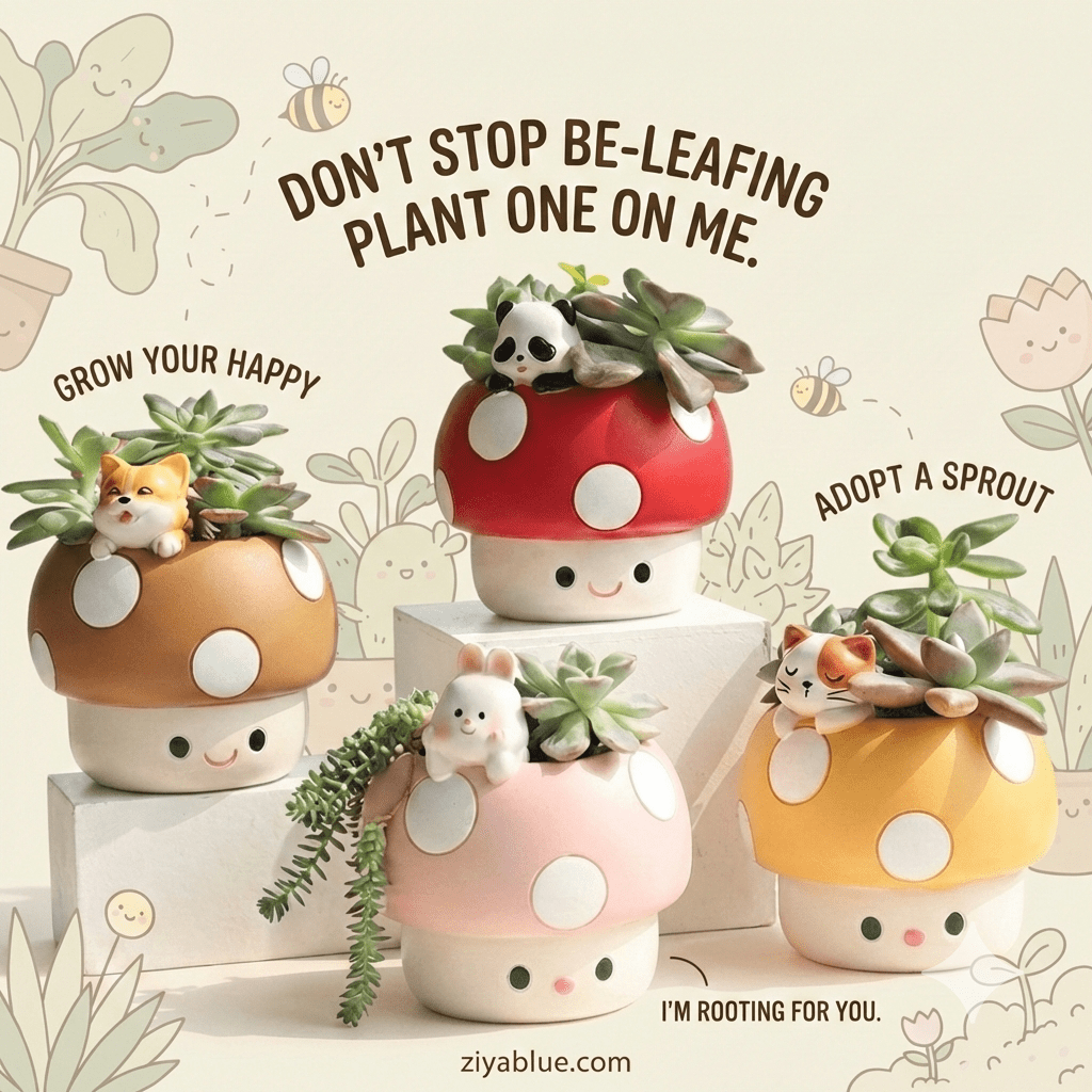 Kawaii Mushroom Animal Planter - Succulent Pot 🍄 - Ziya Blue