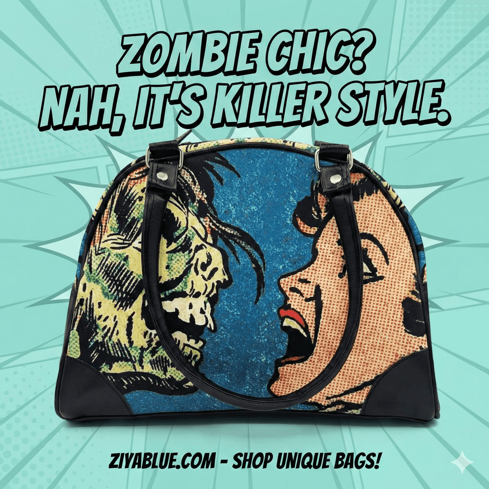 Kiss of Death Zombie Bowler Purse – Retro Horror Pop Art Bag - Ziya Blue