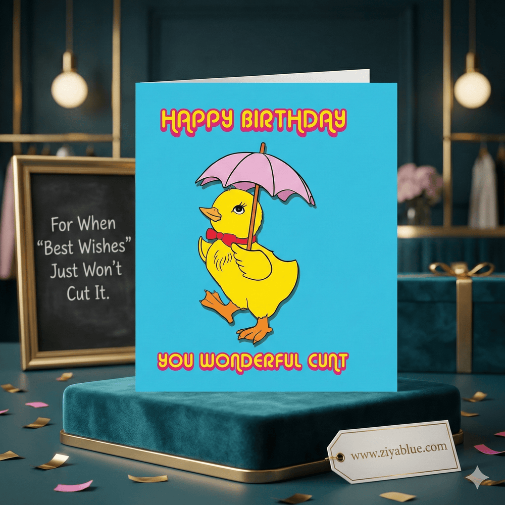 Kitsch Duck with Umbrella Greetings Card - Ziya Blue