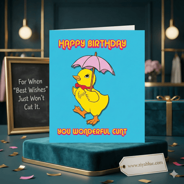Kitsch Duck with Umbrella Greetings Card - Ziya Blue