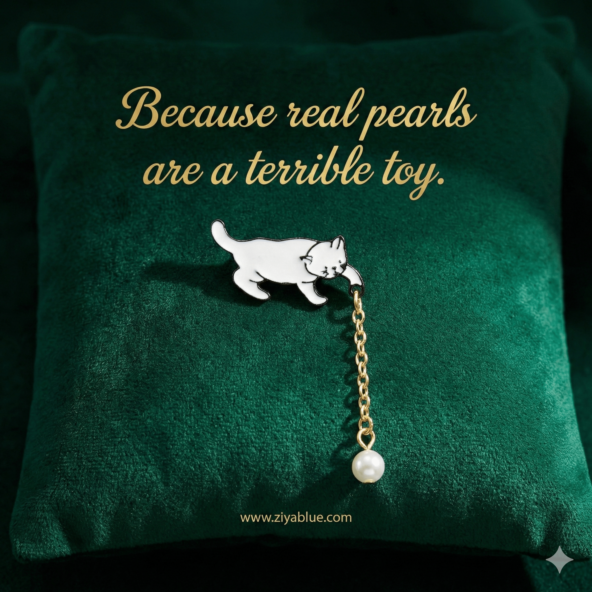 Kitty w/ Chain Pearl Pin — Enamel Cat Pin with Faux‑Pearl Chain - Ziya Blue