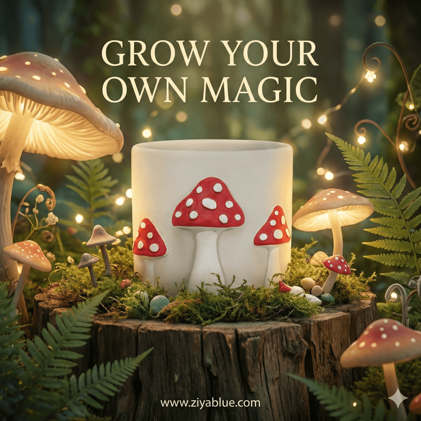 Large Dot Mushroom Planter — Cement Mushroom Pot (6.5") - Ziya Blue